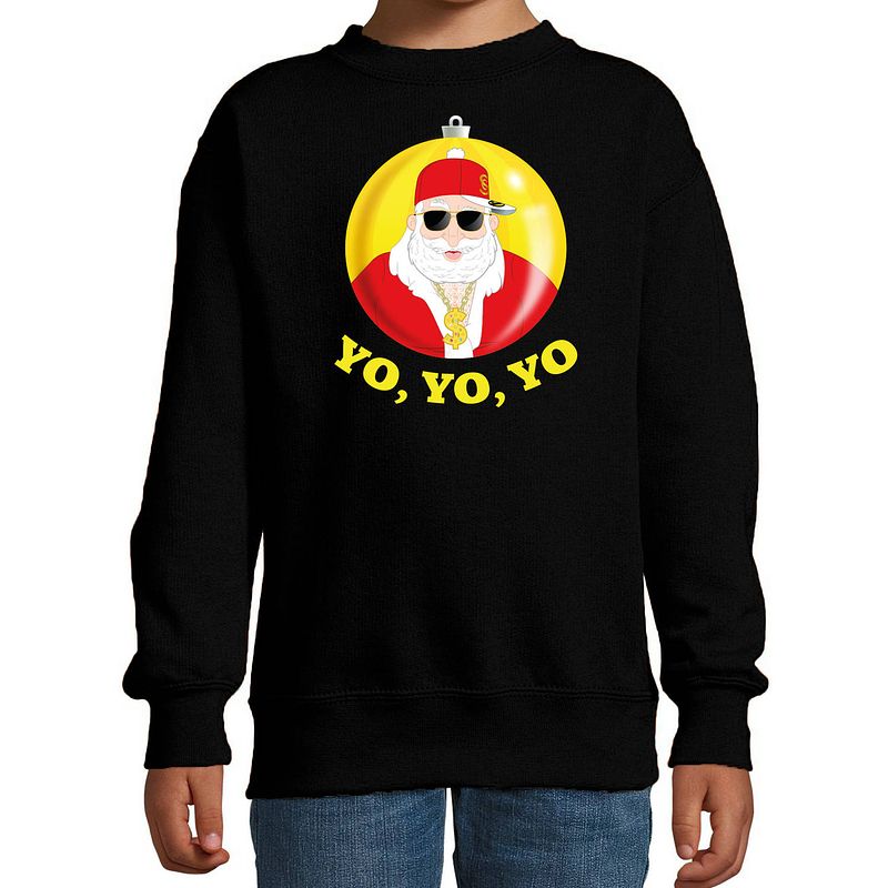 Foto van Bellatio decorations kersttrui/sweater voor kinderen - kerstman - zwart - yo yo yo 9-11 jaar (134/146) - kerst truien ki