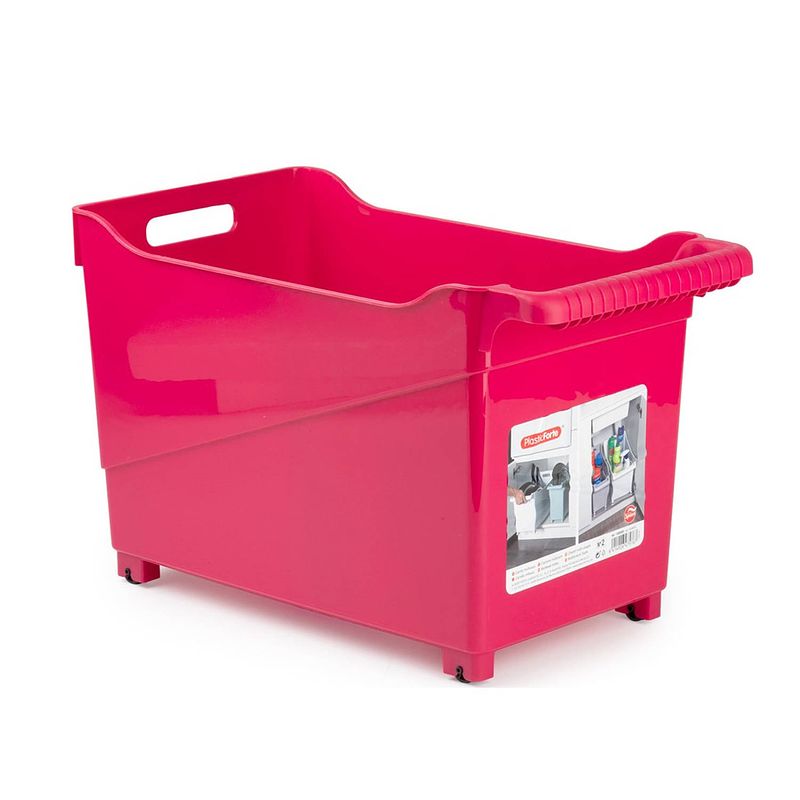 Foto van Kunststof trolley fuchsia roze op wieltjes l45 x b24 x h27 cm - opberg trolley