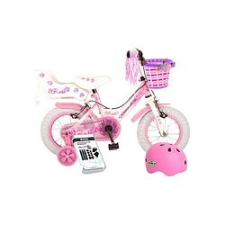 Foto van Volare kinderfiets rose - 12 inch - roze/wit - twee handremmen - met fietshelm en accessoires