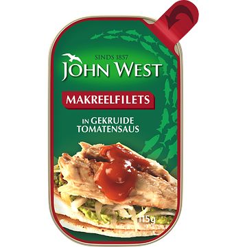 Foto van John west makreelfilets in gekruide tomatensaus 115g bij jumbo