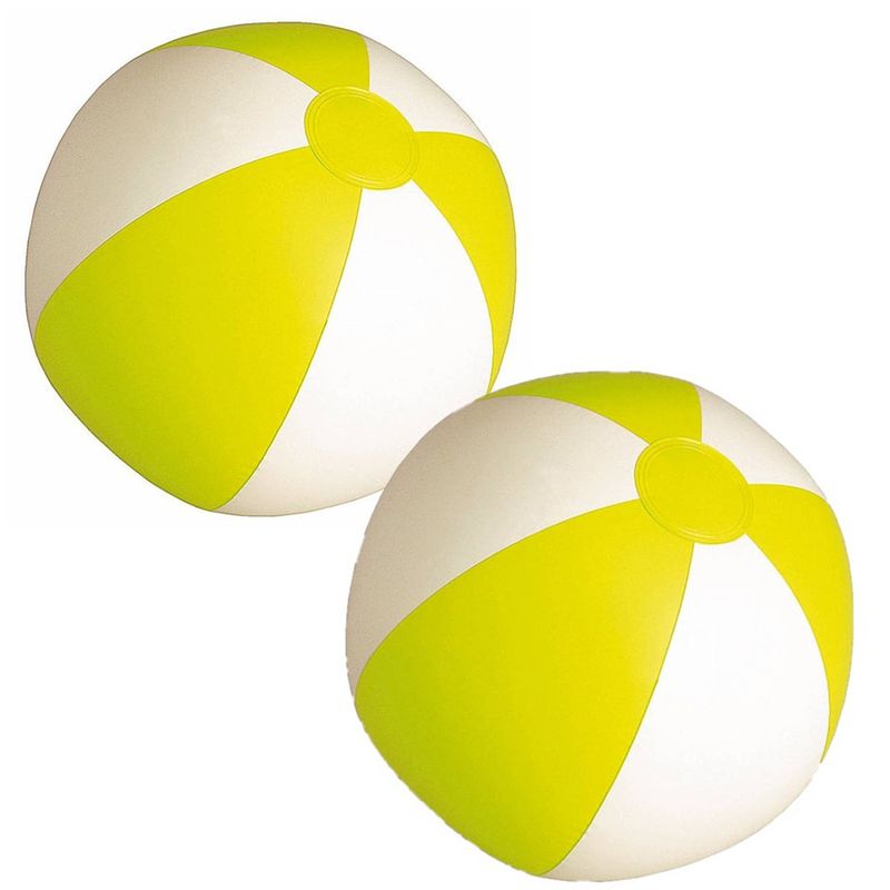 Foto van 2x stuks opblaasbare zwembad strandballen plastic geel/wit 28 cm - strandballen