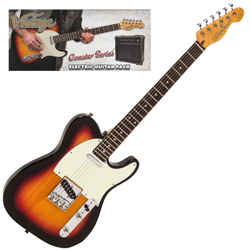 Foto van Vintage vip-v20sb coaster series 3-tone sunburst guitar pack elektrische gitaar set met versterker