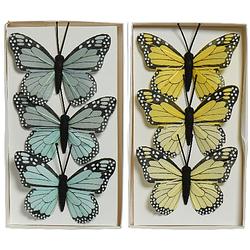 Foto van 6x stuks decoratie vlinders op draad - blauw - geel - 6 cm - hobbydecoratieobject
