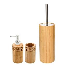Foto van Wc/toiletborstel met houder 37 cm en zeeppompje/beker bamboe hout - toiletborstels