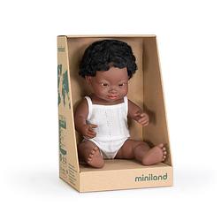 Foto van Miniland babypop jongen donkerbruin down syndroom vanillegeur - 38 cm