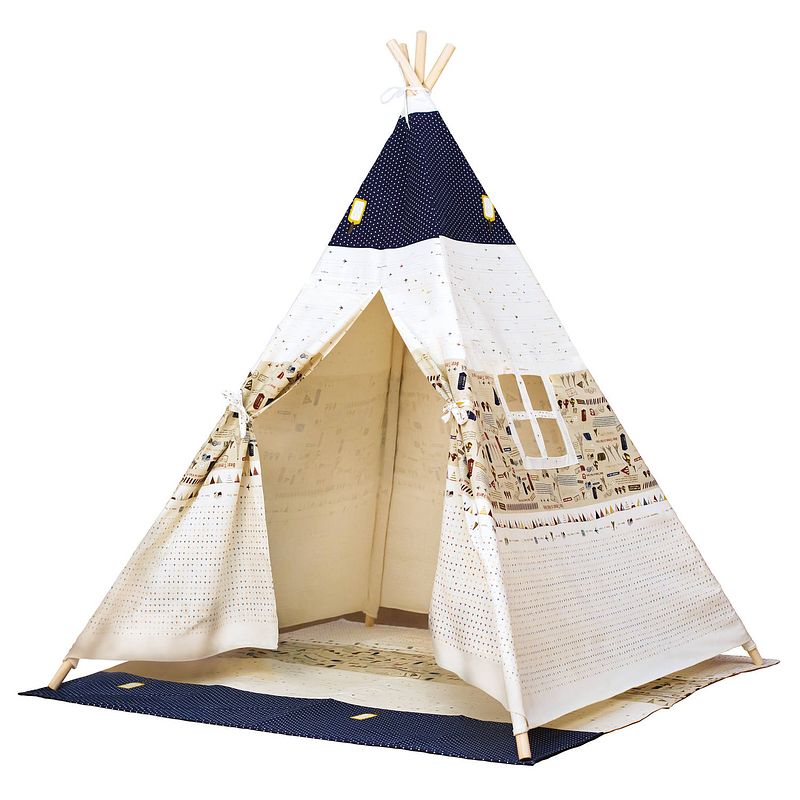 Foto van Bino speeltent tipi junior 150 x 120 cm katoen beige/blauw