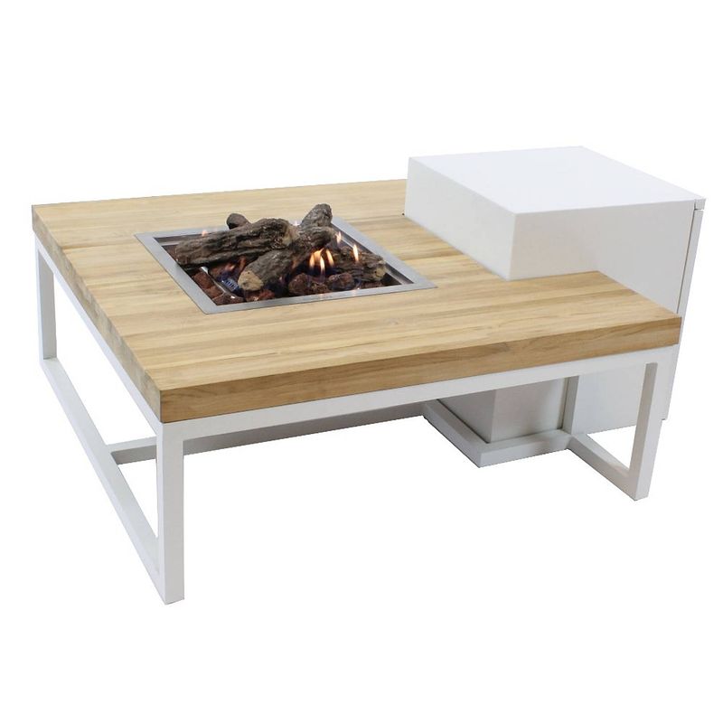 Foto van Enjoyfires vuurtafel ambiance vierkant wit-teak 90x90x35 cm