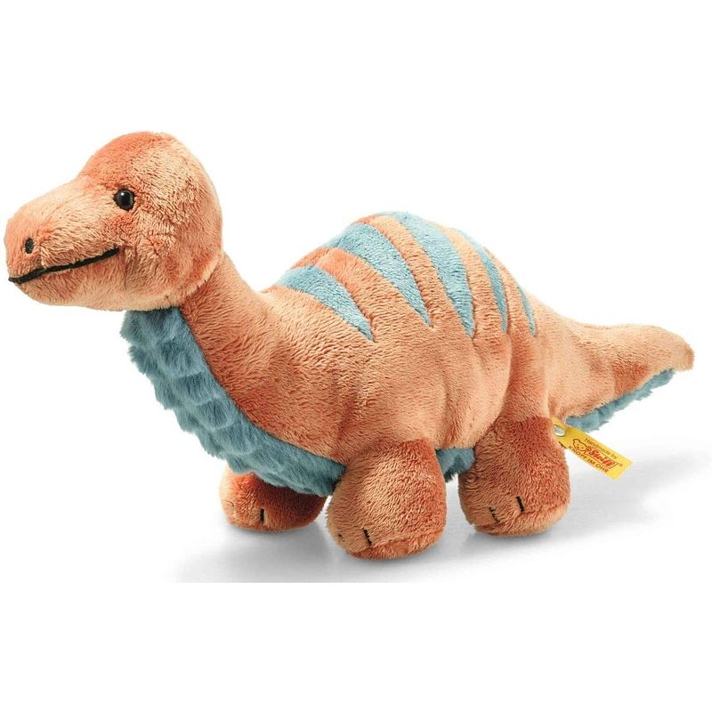 Foto van Steiff knuffel soft cuddly friends brontosaurus bronko, donkeroranje/petroleum blauw