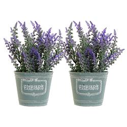 Foto van Items lavendel bloemen kunstplant in bloempot - 2x - paarse bloemen - 14 x 27 cm - bloemstuk - kunstplanten