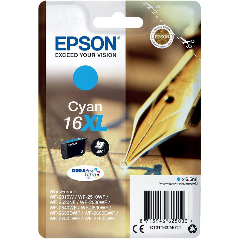 Foto van Epson inktcartridge 16xl, 450 pagina'ss, oem c13t16324012, cyaan 1 stuks