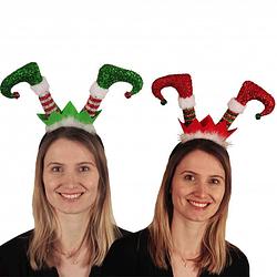 Foto van Set van 2x kerst haarband/diadeem elfen beentjes rood en groen - verkleedattributen