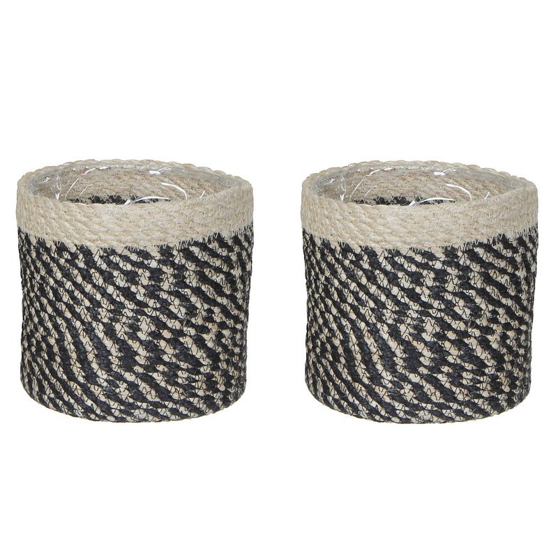 Foto van 2x stuks naturel zwart rotan planten pot mand van gedraaid jute/riet h14 en d14 cm - plantenpotten