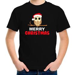 Foto van Leuke dieren kerst t-shirt christmas uil zwart voor kinderen m (134-140) - kerst t-shirts kind