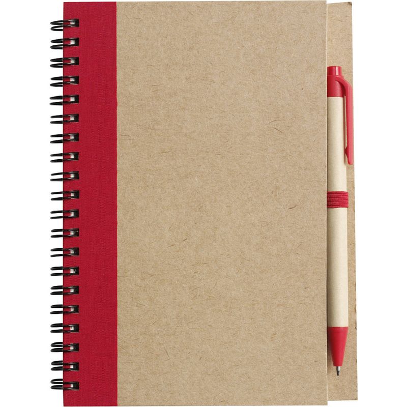 Foto van Notitie/opschrijf boekje met balpen - harde kaft - beige/rood - 18x13cm - 60blz gelinieerd - notitieboek