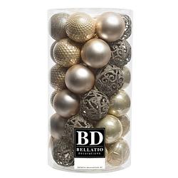 Foto van 37x stuks kunststof kerstballen parel champagne 6 cm inclusief kerstbalhaakjes - kerstbal