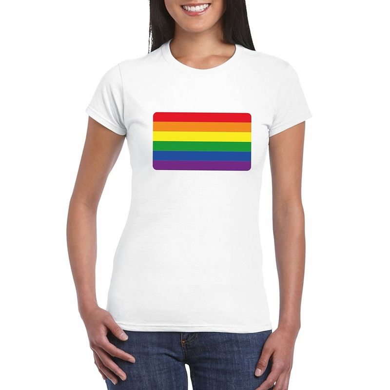 Foto van Gay pride t-shirt met regenboog vlag wit dames xl