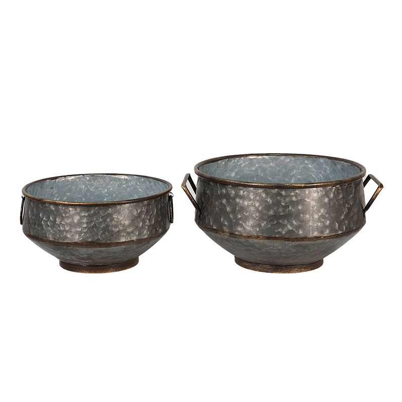 Foto van Clayre & eef bloempotten set van 2 grijs metaal rond plantenpot decoratieve bloempot woonaccessoires grijs plantenpot