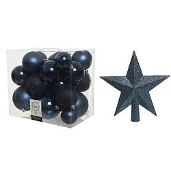 Foto van Kerstversiering kunststof kerstballen met piek donkerblauw 6-8-10 cm pakket van 27x stuks - kerstbal