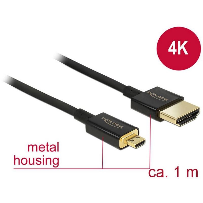 Foto van Delock hdmi aansluitkabel hdmi-a stekker, hdmi-micro-d stekker 1.00 m zwart 84781 vergulde steekcontacten hdmi-kabel