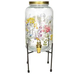 Foto van Limonade/drankdispenser op verhoger - 4 liter - glas - bloemenpatroon - h35 x b17 cm - drankdispensers