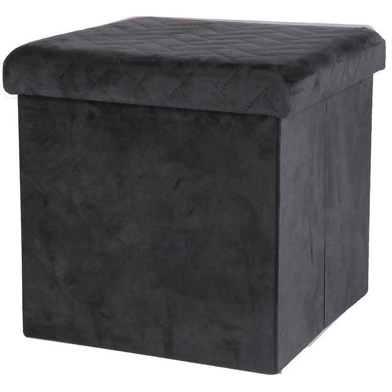 Foto van Urban living poef/hocker - opbergbox zit krukje - velvet zwart - polyester/mdf - 38 x 38 cm - opvouwbaar - poefs