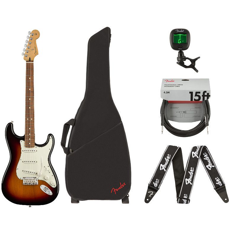 Foto van Fender player stratocaster sunburst pf + gigbag + accessoires