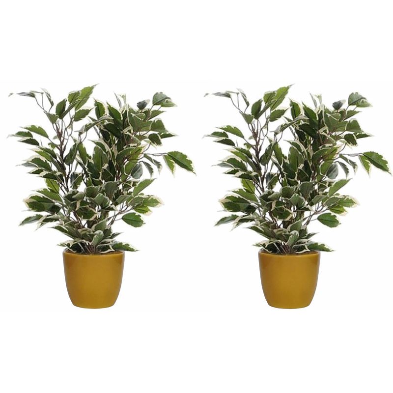 Foto van 2x stuks groen/witte ficus kunstplant 40 cm met plantenpot okergeel d13.5 en h12.5 cm - kunstplanten