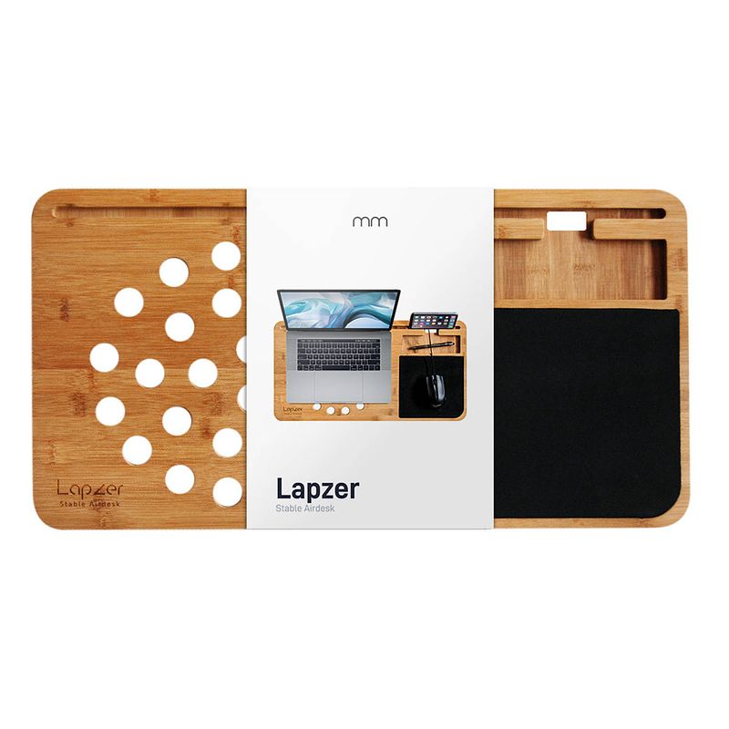 Foto van Lap desk lapzer - bamboe - stand met telefoonhouder - muismat - ventilatiegaten - origineel - 60 x 31 x 2cm - lapzer