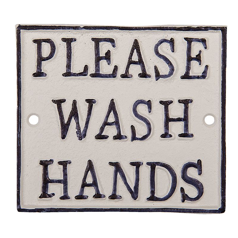 Foto van Clayre & eef tekstbord 11x10 cm zwart wit metaal rechthoek please wash hands wandbord spreuk wandplaat zwart wandbord