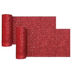 Foto van Kerst thema tafelloper op rol - 2x - rood glitter - smal 18 x 500 cm - polyester - tafellakens