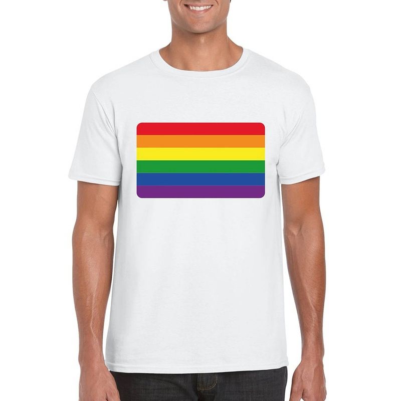 Foto van Gay pride t-shirt met regenboog vlag wit heren m