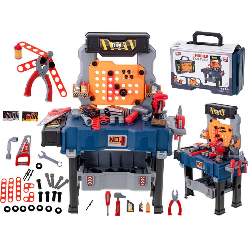 Foto van 65-delige speelgoed gereedschap werkbank 2 in 1 met accessoires