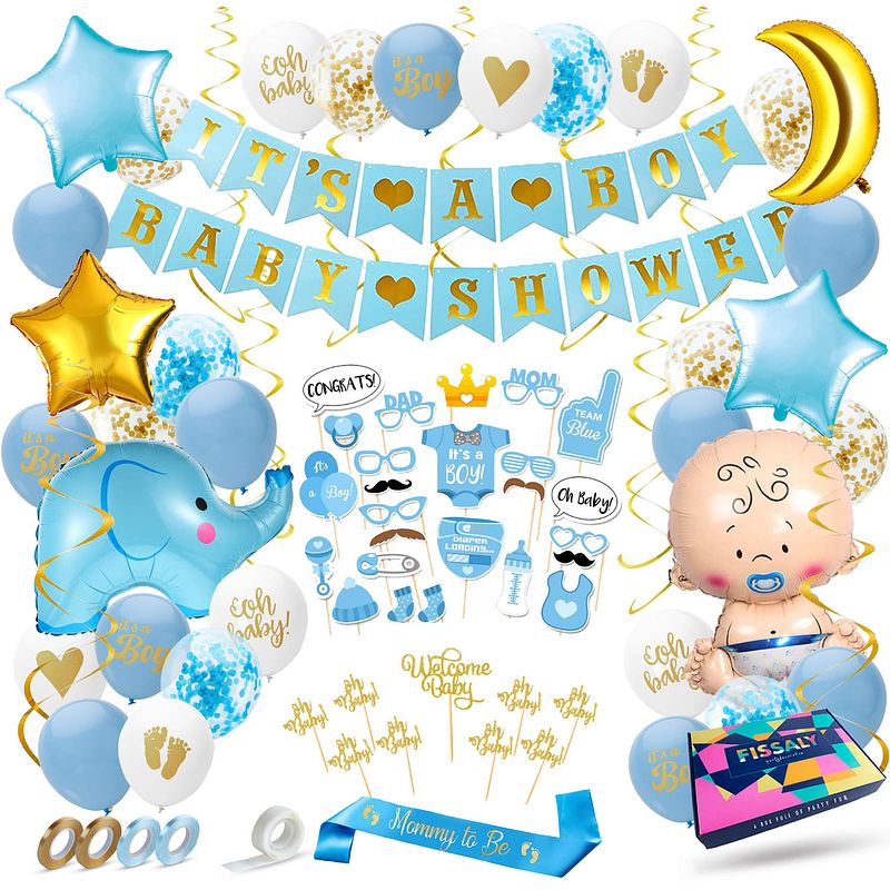 Foto van Fissaly® 81 stuks babyshower jongen & gender reveal versiering - baby boy - mommy to be party decoratie pakket