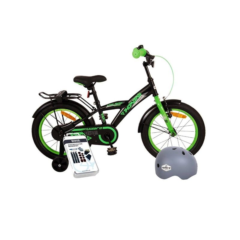 Foto van Volare kinderfiets thombike - 12 inch - zwart/geel - met fietshelm en accessoires