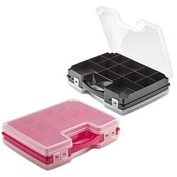 Foto van Forte plastics - 4x opberg vakjes doos/sorteerbox - 21-vaks kunststof - 28 x 21 x 6 cm - zwart/roze - opbergbox