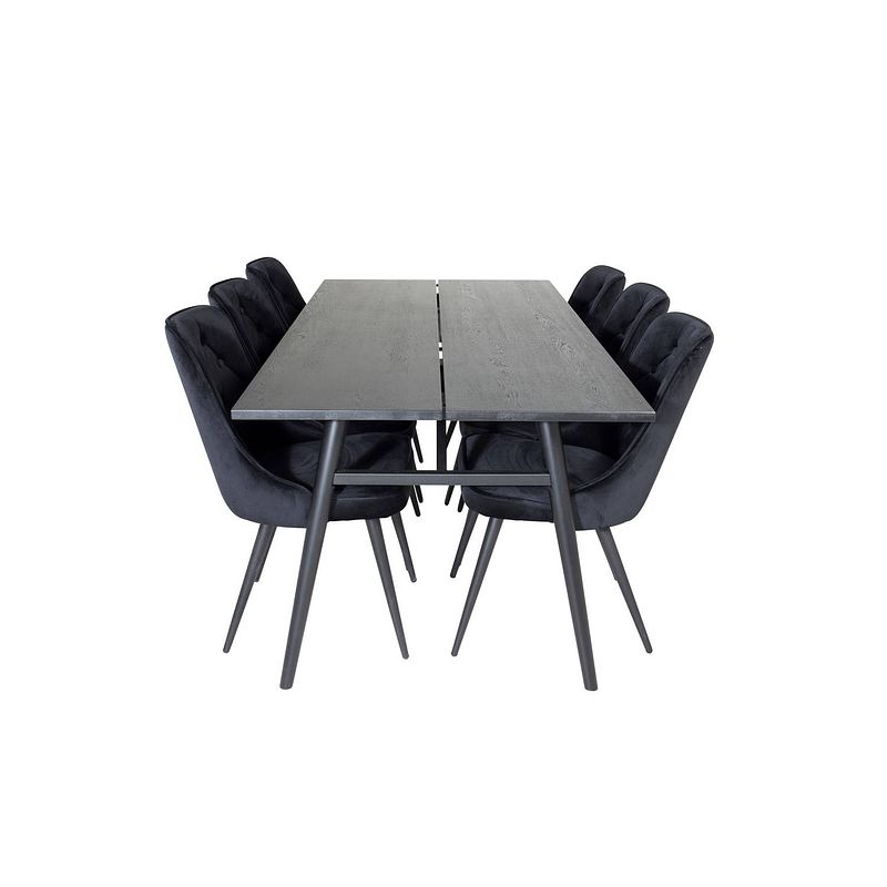 Foto van Sleek eethoek eetkamertafel uitschuifbare tafel lengte cm 195 / 280 zwart en 6 velvet deluxe eetkamerstal velours zwart.