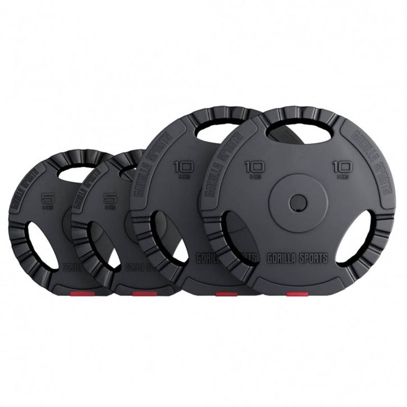 Foto van Gorilla sports halterschijven set - bundel - 30 kg (2 x 5 & 2 x 10 kg) - gripper