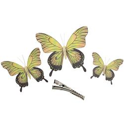 Foto van 3x stuks kerst decoratie vlinders op clip - geel - 12/16/20 cm - feestdecoratievoorwerp