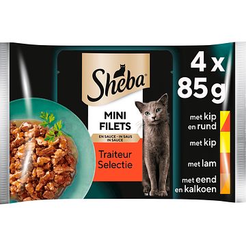 Foto van Sheba mini filets maaltijdzakjes traiteur selectie in saus kattenvoer 4 x 85g bij jumbo