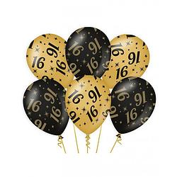 Foto van 6x stuks leeftijd verjaardag feest ballonnen 16 jaar geworden zwart/goud 30 cm - ballonnen