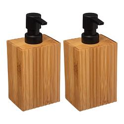 Foto van 5five zeeppompje/dispenser bamboo lotion - 2x - lichtbruin/zwart - 8 x 17 cm - 280 ml - hout - zeeppompjes