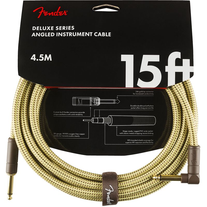 Foto van Fender deluxe cables instrumentkabel 4.5m geel tweed recht+haaks