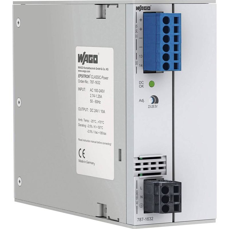 Foto van Wago kontakttechnik gmbh din-rail netvoeding 24 v/dc 10 a 285 w aantal uitgangen: 1 x inhoud: 1 stuk(s)