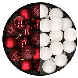 Foto van 28x stuks kleine kunststof kerstballen wit en bordeaux rood 3 cm - kerstbal