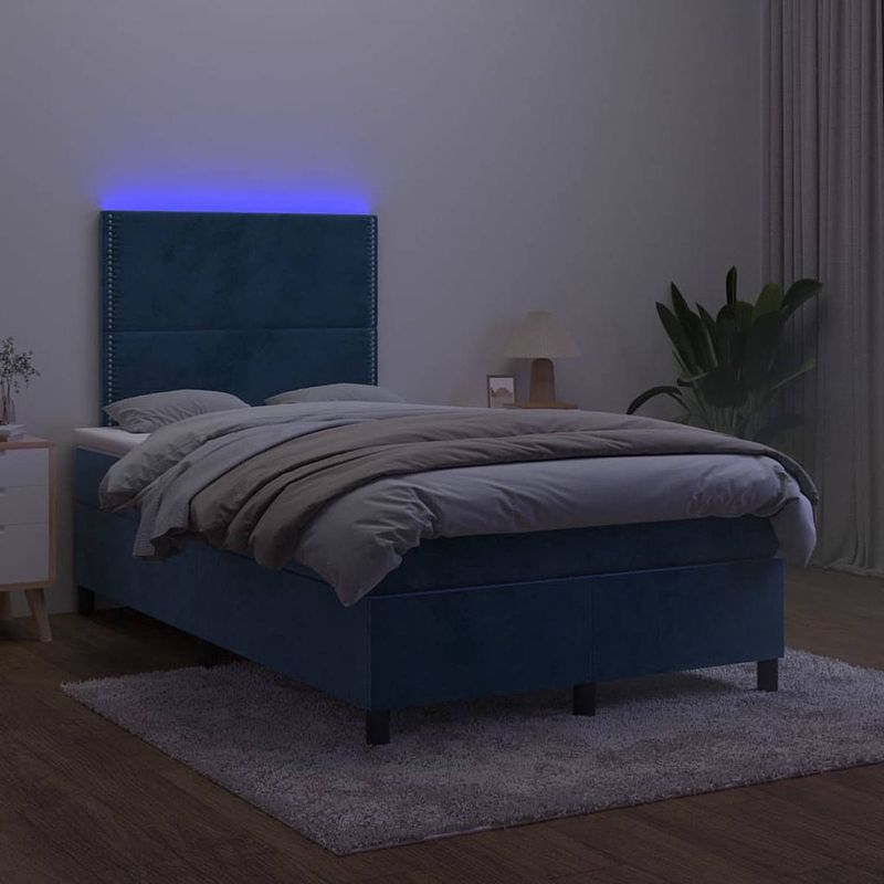 Foto van The living store boxspring donkerblauw fluweel 203x120x118/128 cm - verstelbaar hoofdbord - led-verlichting en