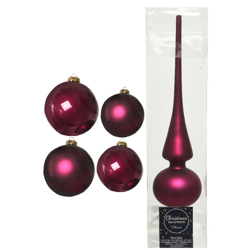 Foto van Glazen kerstballen pakket framboos roze glans/mat 38x stuks 4 en 6 cm met piek mat - kerstbal