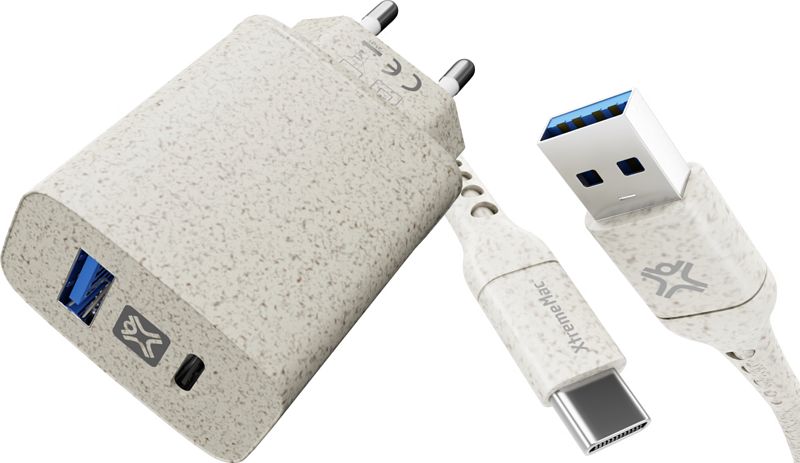 Foto van Xtrememac eco line snellader met 2 usb poorten 20w + usb c kabel 1m kunststof crème