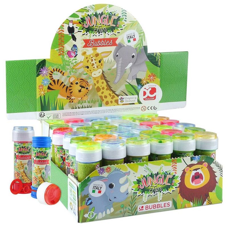 Foto van 4x jungle/safari dieren bellenblaas flesjes met bal spelletje in dop 60 ml voor kinderen - bellenblaas