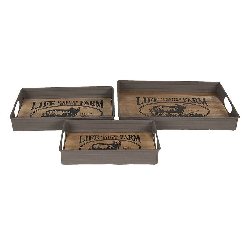 Foto van Haes deco - decoratieve houten dienbladen ( set 3 stuks) 36x26x5 cm / 31x21x5 cm / 26x16x5 cm - van metaal