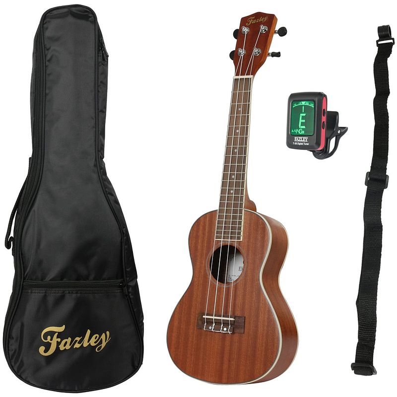 Foto van Fazley k23-w concert ukelele + gigbag + draagband + clip-on tuner